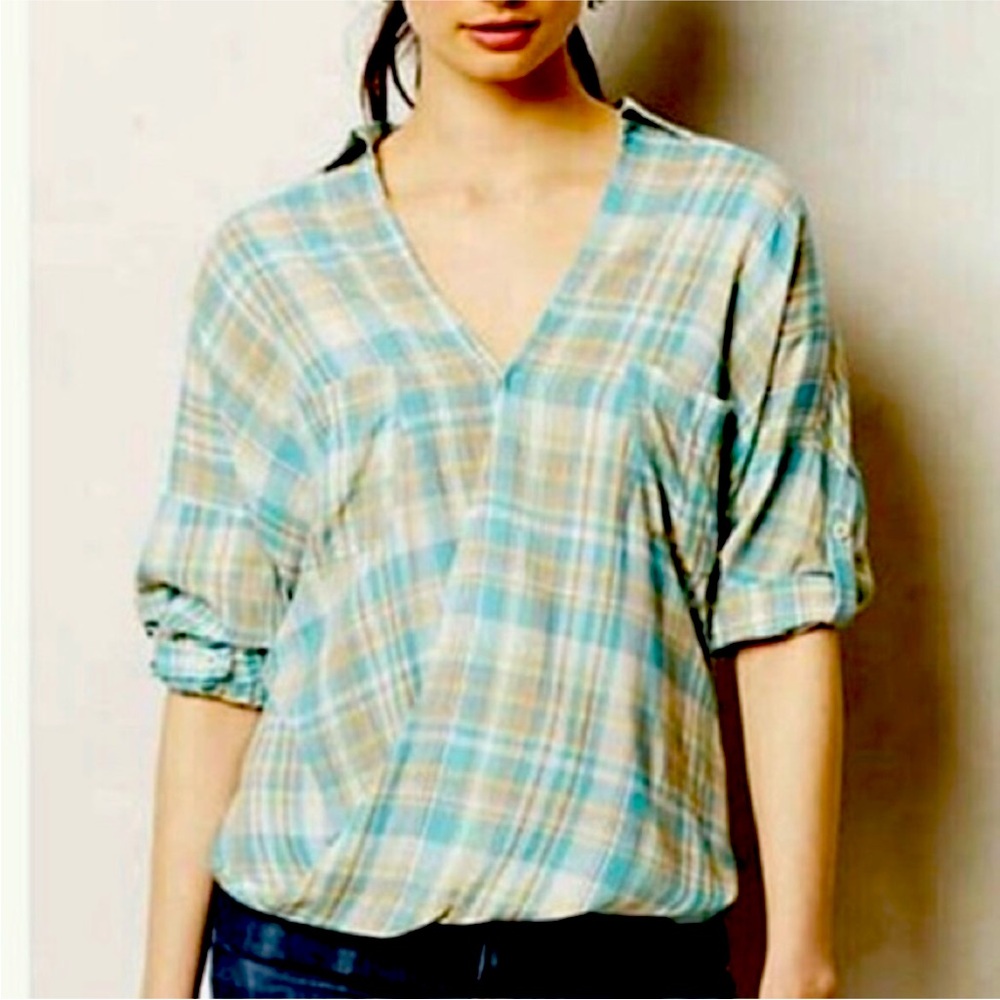 Anthropologie Blue and Cream Plaid V-Neck Roll-Sleeve Blouse